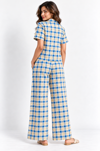 Ensemble coordonné en coton à carreaux pour femme – Chemise à manches courtes boutonnée et pantalon large, tenue deux pièces en coton doux pour l'été et le printemps - Product Image 3