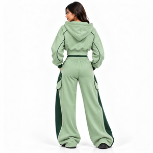Custom Women's Sage Green Cargo <b>Jogger</b> Set Dark Forest Panel <b>Cropped</b> Hoodie Utility Pocket Tracksuit OEM Wholesale Manufacturer - Product Image 2