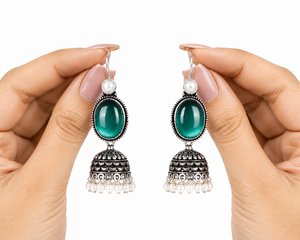 Oxidized <b>Silver</b> Monalisa Stone Chandelier <b>Earrings</b> | Imitation Pearl Vintage Ethnic Brass <b>Earrings</b> for Women | Handmade Indian - Product Image 6