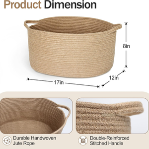 Jute Wicker Storage <b>Basket</b> with Handles, Decorative Woven Organizer Bin <b>for</b> Home, <b>Shelf</b>, Closet, and Entryway - Product Image 3