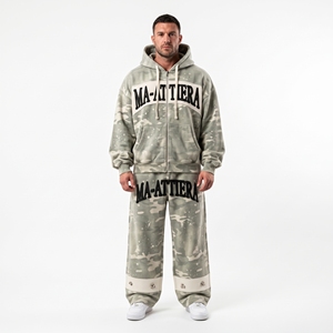 Conjunto de chándal de camuflaje para hombre, sudadera con capucha extragrande con cremallera y pantalones deportivos de pierna ancha, conjunto de dos piezas de ropa urbana personalizada - Product Image 1