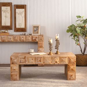 Tavolino da Caffè Rettangolare in Legno Massello e MDF con Rilievo Geometrico Rustico e Dettagli Intagliati in 3D per Soggiorno, 120 cm - Product Image 2