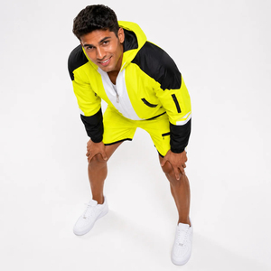 Men Neon Yellow Hooded Tracksuit Set Quick Dry Sporty Shorts Full Sleeve Lightweight Wear - Product Image 2