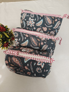 Dark Blue Floral Block Printed Eco-Friendly Durable Cotton Zipper <b>Makeup</b> <b>Case</b> Indian Travel Cosmetic Organizer Kit - Product Image 3