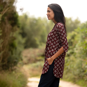 OFERTA Blusa Larga Estilo Kurta 3 Color Borgoña con Motivo de Concha 100% Algodón Estampado en Bloque con Pliegues - Product Image 5