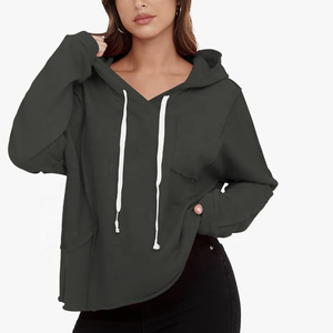 เสื้อกันหนาวสวมหัวแขนยาวคอวีสำหรับผู้หญิง, เสื้อถักวาฟเฟิลเย็บปะมีฮู้ดโอเวอร์ไซส์สไตล์สตรีทแวร์สำหรับฤดูใบไม้ร่วงฤดูหนาว - Product Image 1