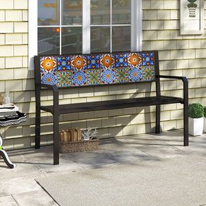 50-Inch Slatted Loveseat <b>Metal</b> Patio <b>Bench</b> for 2-3 People with Mosaic Backrest - Product Image 2