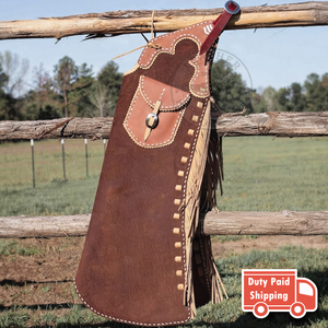 Chaps en cuir de cowboy western avec franges, surpiqûres décoratives et poche utilitaire – Chaps d'équitation de rodéo faits à la main pour hommes et femmes - Product Image 3