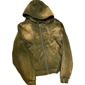 Custom Oversized Baggy Hoodie for Men Sun Faded Streetwear with Acid Wash Vintage Rivet Rhinestone <b>Zip</b> Drop Shoulder for Winter - Product Image 3