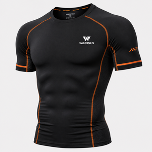 Warpro Men's <b>Compression</b> Rash Guard Short Sleeve Black Orange Quick Dry Spandex Polyester Workout <b>Shirt</b> Adult Size M - Product Image 2