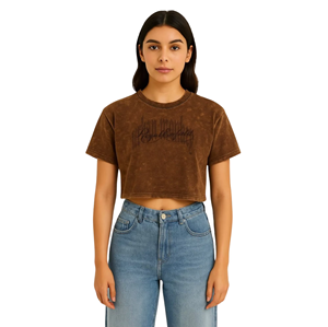 เสื้อยืดครอปสีน้ำตาลพิมพ์ลายตัวอักษรแขนสั้นคอกลมสไตล์ลำลองแฟชั่นสตรี - Product Image 1