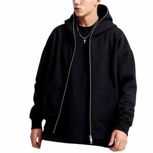 Sudadera con Capucha Negra para Hombre, Cierre de Cremallera, Corte Regular, Color Sólido, Informal, 100% Algodón, Felpa Francesa, para Otoño - Product Image 2