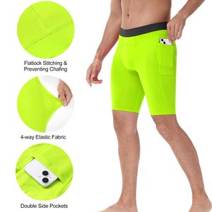 Shorts de compression pour hommes, couleur unie verte, taille mi-haute, taille élastique, style sportif, tissu tricoté à séchage rapide - Product Image 5