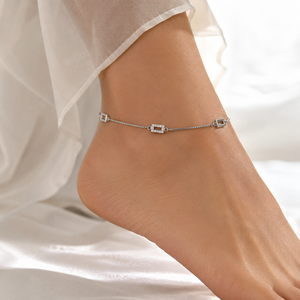 925 Sterling Silver Geometric Cubic Zirconia <b>Anklet</b> for Women Minimalist Dainty Bridal Wedding Party Gift Jewelry - Product Image 1