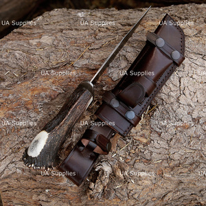 Couteau Bowie à lame fixe en acier Damas, manche en corne de cerf naturel, vente chaude, OEM ODM, marque privée, couteaux de chasse de haute qualité - Product Image 6