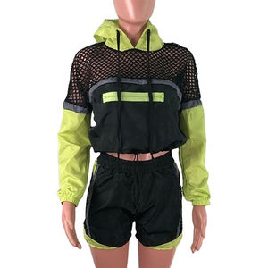 Conjunto Deportivo para Mujer con Sudadera con Capucha de Bloques de Color en Contraste, Panel de Malla y Pantalones Cortos, Manga Larga, Ajuste Holgado, Transpirable, para Correr - Product Image 6