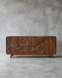 Aparador Moderno Blanco de Madera con Tallado de Hojas Hecho a Mano, Aparador de 4 Puertas - Product Image 4