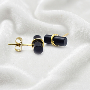 Ratnarachit <b>Black</b> Onyx <b>Earrings</b> 12x5mm Rounded Rectangle Wire Wrapped Gold Plated Minimalist <b>Studs</b>-Gift - Product Image 1