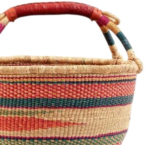 Cesta de mimbre artesanal de bajo precio, bolso de mercado de hierba natural tejida con rayas multicolor y correa de cuero - Product Image 3