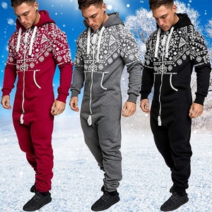Wholesale OEM Men's Printed Romper With Front Zipper Sublimated Drawstring Hood Track Suit Zip Sleeping Wear <b>Knickers</b> Sweat Suit - Product Image 1