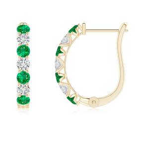 Aros Clásicos de Oro Sólido de 14 Quilates con Esmeralda y Diamantes de Corte Brillante Redondo en Engaste de Garra, Joyería para Mujer - Product Image 1