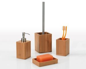 Ensemble de salle de bain en bois avec porte-savon, gobelet, porte-brosse à dents, plateau et aspect bois naturel élégant - Product Image 1