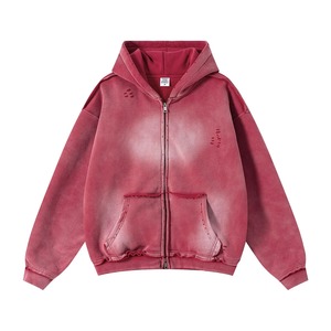 Men's Oversized Hooded Zip-Up Sweatshirt Red Tie-Dye French Terry Anti-Pilling Autumn Wear Regular Fit Pocket Design 2027 - Product Image 3