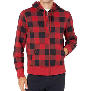 Men's Red Black Plaid Hooded Zip-Up Sweatshirt Regular Fit Casual <b>Flannel</b> Jacket Autumn Wear - Product Image 3
