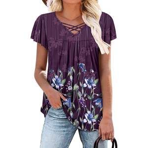 2025 Túnica de talla grande XL y 3XL para mujer, Top de manga corta con cuello en V y decoración de encaje, blusa informal de color púrpura real - Product Image 1