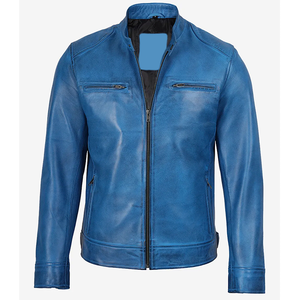 2026 OEM Hot Trending Original Sky Blue Cowhide <b>Leather</b> <b>Jacket</b> For Men's Zip Pockets High Quality Low MOQ <b>Winter</b> Fashion <b>Jackets</b> - Product Image 5