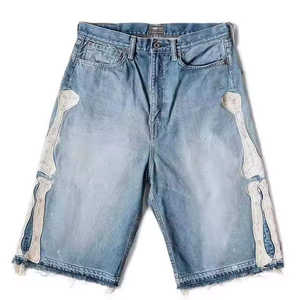 Wholesale Customized Jeans Shorts Vintage Mid Waist Distressed Faded Acid Wash Rhinestone Jorts Denim Shorts <b>Men</b> OEM Service - Product Image 1