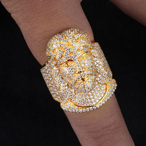 Men's 22K Gold Plated Lion Head <b>Ring</b> With Round Brilliant Cut Synthetic Diamonds Hiphop Style Party Jewelry - Product Image 1