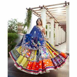 DESIGNER SOIE IMPRIMÉE NUMÉRIQUE MIROIR TRAVAIL LEHENGA CHOLI AVEC DUPATTA BLEU - Product Image 1