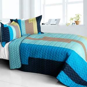 Classic Playbook a Full/Queen <b>Quilt</b> Set Vermicelli-Quilted Patchwork Striped Stylish Comfortable <b>Bedding</b> - Product Image 1
