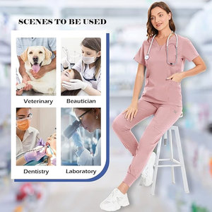 Ensemble de tenue médicale rose pour femme, col en V, manches courtes, pantalon, en tissu tissé coton-polyester, détection par aiguille - Product Image 5
