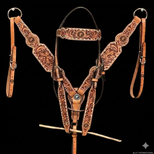 Cabezada y Pechopetral Western Arrow Turquesa: Trenzado de cuero crudo, Tachuelas de cobre - Product Image 2