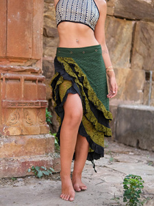 Green Boho <b>Wrap</b> <b>Skirt</b> with Ruffle Lace Detail High Slit Long Maxi <b>Skirt</b> for Women Ethnic Bohemian Style Adjustable <b>Wrap</b> - Product Image 5