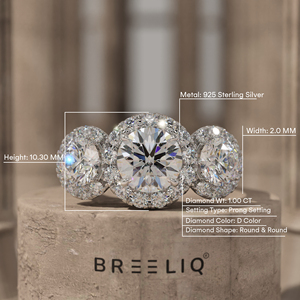 14K White Gold Three Stone Halo Diamond Ring 1.50CT Round Cut Engagement Ring Pave Set Luxury <b>Bridal</b> Jewelry - Product Image 4