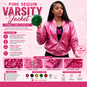 Cosh International Women <b>Sequin</b> Varsity <b>Jacket</b> Pink Glitter Bomber <b>Jacket</b> Long Sleeve Zipper Outerwear Greek Apparel - Product Image 6