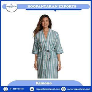 <b>Women</b> Striped Cotton Bamboo Fiber <b>Robe</b> Mandarin Collar Three Quarter Sleeve Knee Length Casual Soft Woven Drawstring Closure - Product Image 2