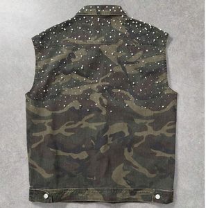 Gilet en jean clouté camouflage personnalisé pour homme, sans manches, style militaire streetwear, veste boutonnée, OEM ODM, vente en gros, usine - Product Image 2