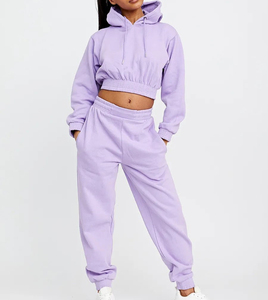 Ensemble de survêtement décontracté deux pièces pour femme, couleur unie, à capuche, manches longues, en molleton, coupe courte, 100 % coton, entièrement respirant - Product Image 5