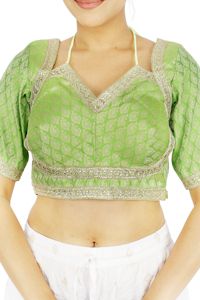 Blouse Courte Sans Manches en Brocart Vert Soie-Shreya Brodé, Vêtement Féminin Idéal pour les Festivals - Product Image 4
