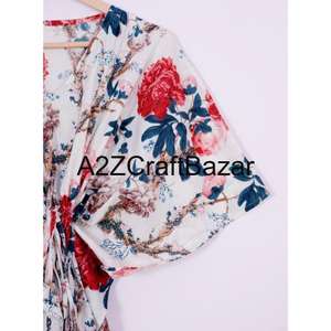 Kaftan court en coton pour femme, écologique, motif floral, robe de plage mi-longue, col en V, manches courtes, taille naturelle, moulante, à volants et pompons - Product Image 4