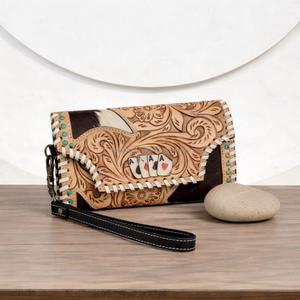 Western Deck Of Cards Tooled Leather Cowhide Women Wallet Card Holder Clutch Purse Aces Handcrafted Hair-On Hide Zipper <b>Wristlet</b> - Product Image 3