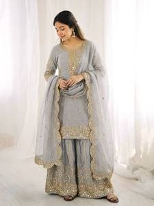 <b>Grey</b> Embroidered Traditional Indian Pakistani <b>Wedding</b> <b>Dress</b> Set Women Ankle-Length Regular Fit PURE FANDY SILK Wrinkle-Free - Product Image 4