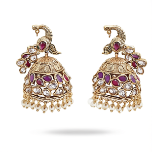 Peacock Patterned Antique Hanging Jhumki Drop Earrings with Pearl and Emerald - Product Image 2