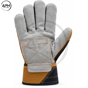 Golden Brown Palm Gray Full <b>Finger</b> Hand <b>Gloves</b> Black <b>Finger</b> Panels Extended Cuff Workshop Custom Split Leather Work <b>Gloves</b> - Product Image 2