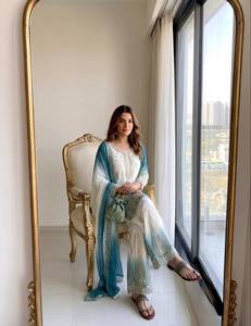 Blue White Embroidered <b>Indian</b> Pakistani <b>Top</b> Long Sleeve Salwar Kameez Blouse for Festival Wedding Wear - Product Image 4