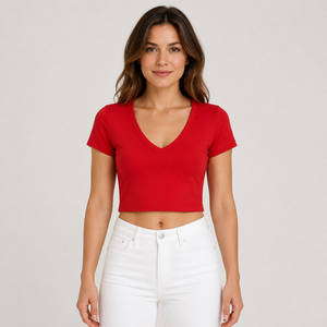 T-shirt court à col rond rouge pour femme, manches courtes, coupe ajustée, tricoté, uni, décontracté, streetwear, 100% coton, printemps été - Product Image 2